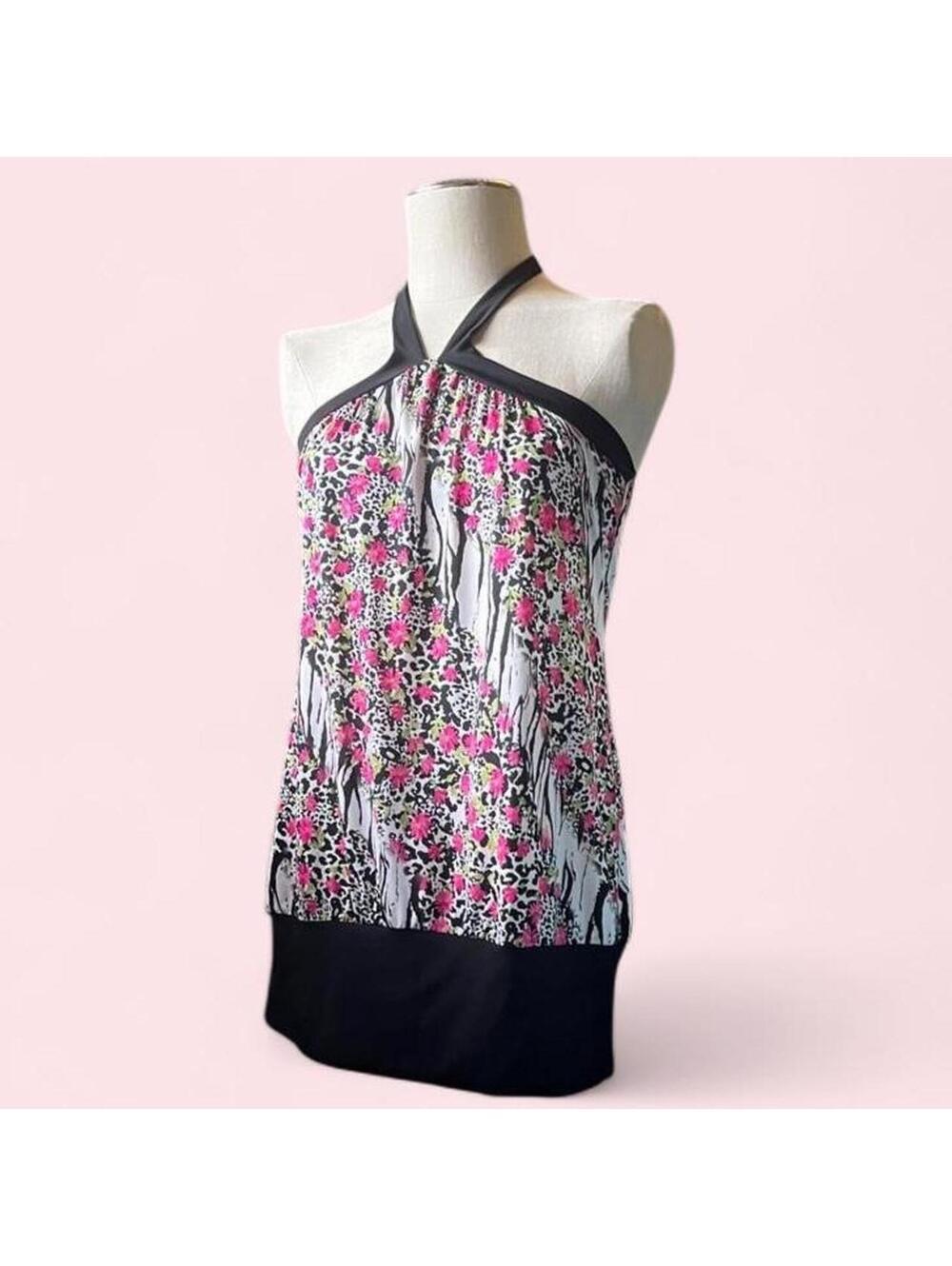 🖤🌸 black and pink floral animal/zebra print Y2K wet seal halter top 🌸🖤